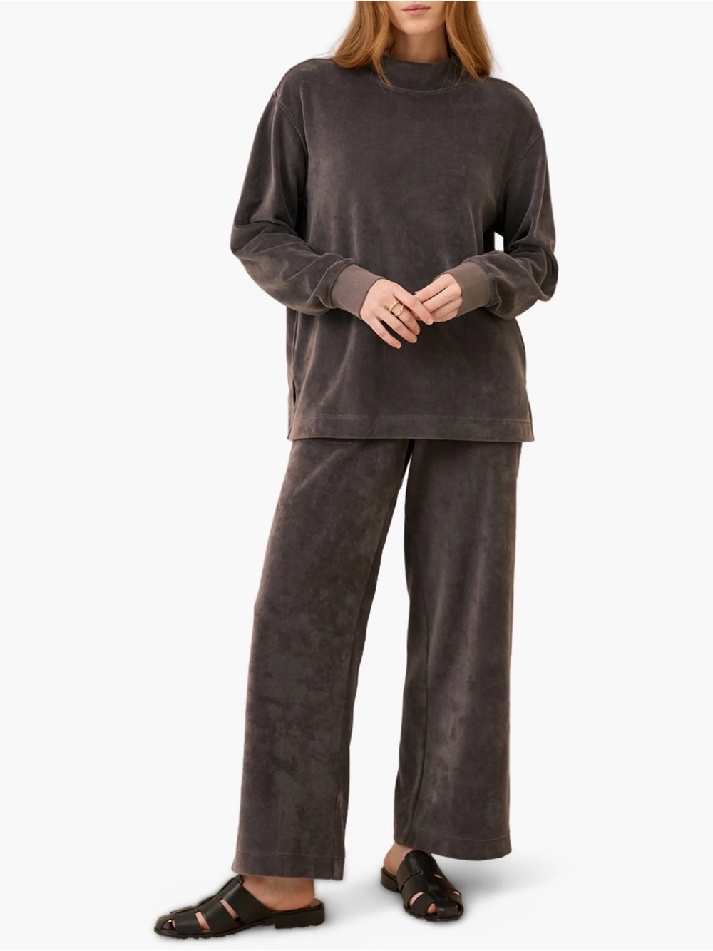 Pact 100% Organic Cotton Velour Charcoal Mock Neck Tunic and Wide Leg Pant Set